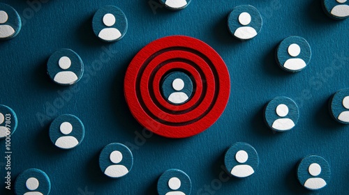 Strategic Human Resources and Customer Research Concept. Red target with white human icons on navy blue background. Flat lay recruitment design.