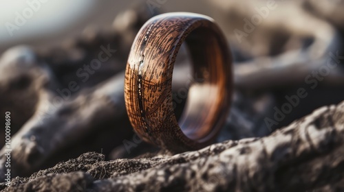 Wooden ring in close-up. Natural jewelry. Connection with nature. AI generative.