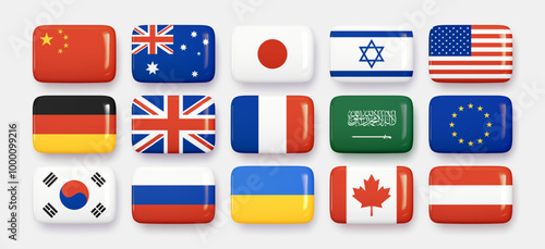 3D glossy versions of international flags in the form of buttons or icons, isolated set on white background. vector illustration