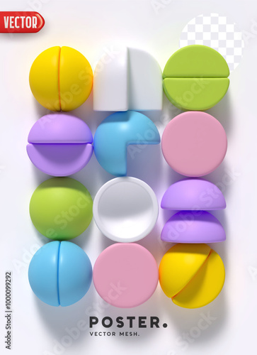 Bright and colorful abstract poster and banner design with realistic 3d geometric shapes in pastel soft colors. Vector illustration
