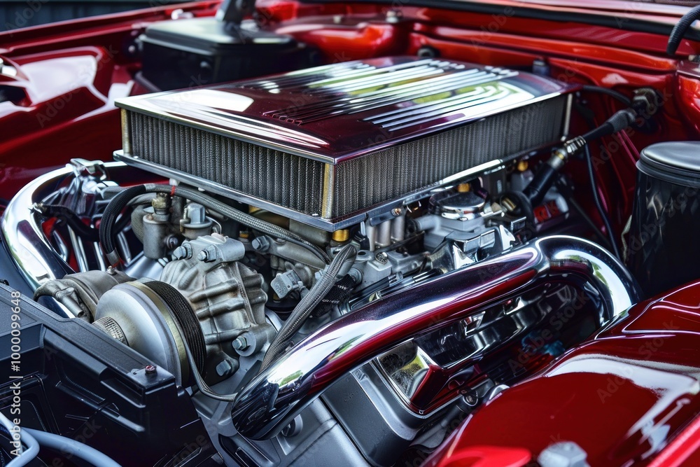 Close-up of a car engine with chrome parts and red body details. Close-up of a car engine with chrome parts and red body details.