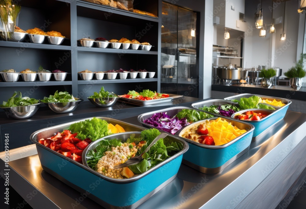 brightly colored containers displaying array diverse meal options modern indoor space, buffet, catering, cuisine, dining, entertainment, flavors, feast
