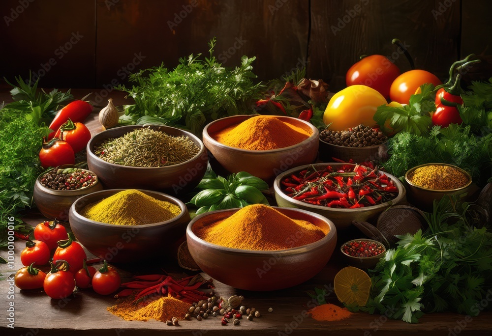 dramatic display vibrant spices ingredients colorful arrangement showcasing varied textures shapes, colors, culinary, herbs, seasonings, aromas, palettes dramatic display vibrant spices ingredients colorful arrangement showcasing varied textures shapes, colors, culinary, herbs, seasonings, aromas, palettes