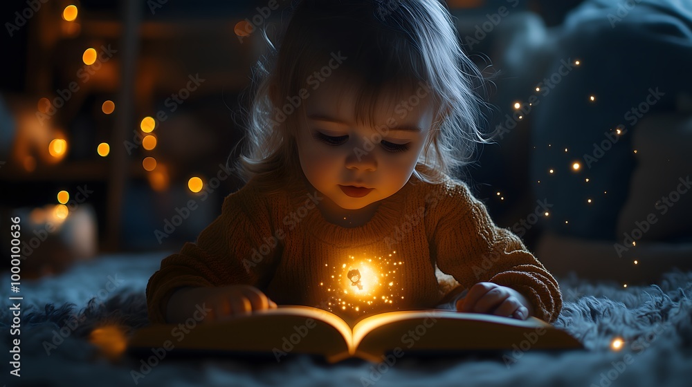 Low-Angle Shot of Child Reading Storybook with Holographic Characters Illuminating Room - Cozy Bedroom at Night Low-Angle Shot of Child Reading Storybook with Holographic Characters Illuminating Room - Cozy Bedroom at Night
