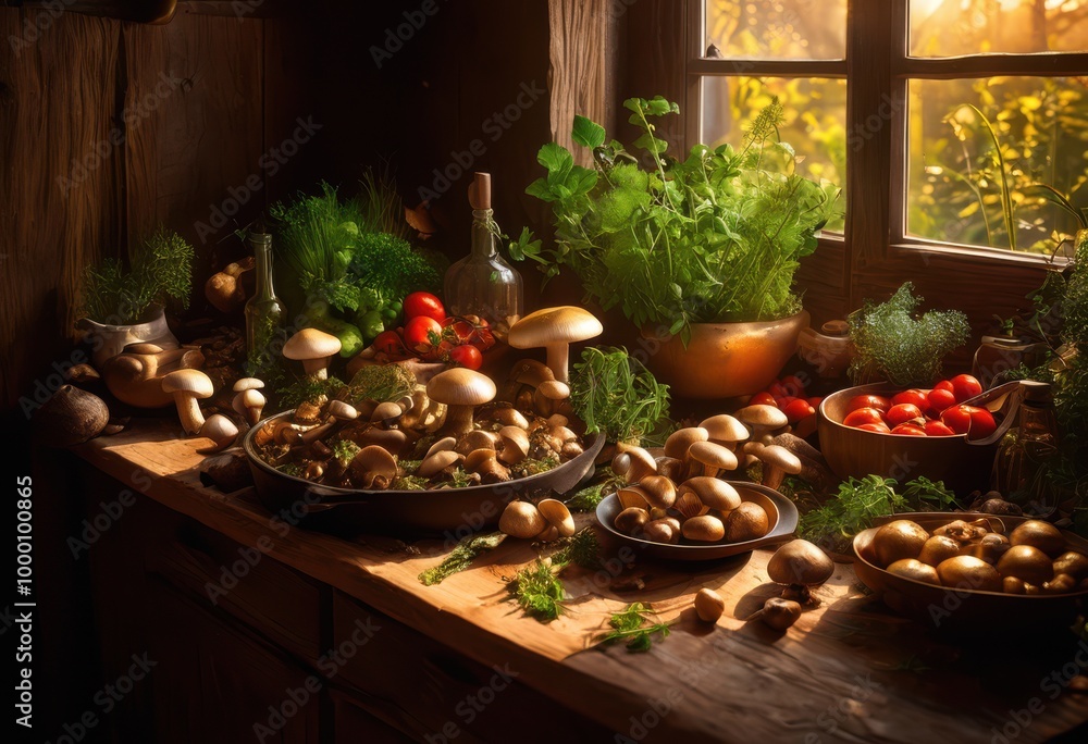 close view various textured mushrooms presented vibrant cooking scene fresh ingredients utensils, edible, gourmet, culinary, fungi, organic, variety close view various textured mushrooms presented vibrant cooking scene fresh ingredients utensils, edible, gourmet, culinary, fungi, organic, variety