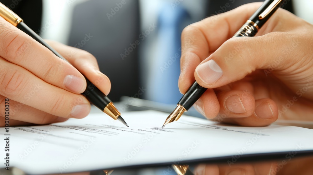 A close-up of negotiators signing a document, with pens in hand and the contract clearly visible, capturing the final stages of a successful negotiation A close-up of negotiators signing a document, with pens in hand and the contract clearly visible, capturing the final stages of a successful negotiation