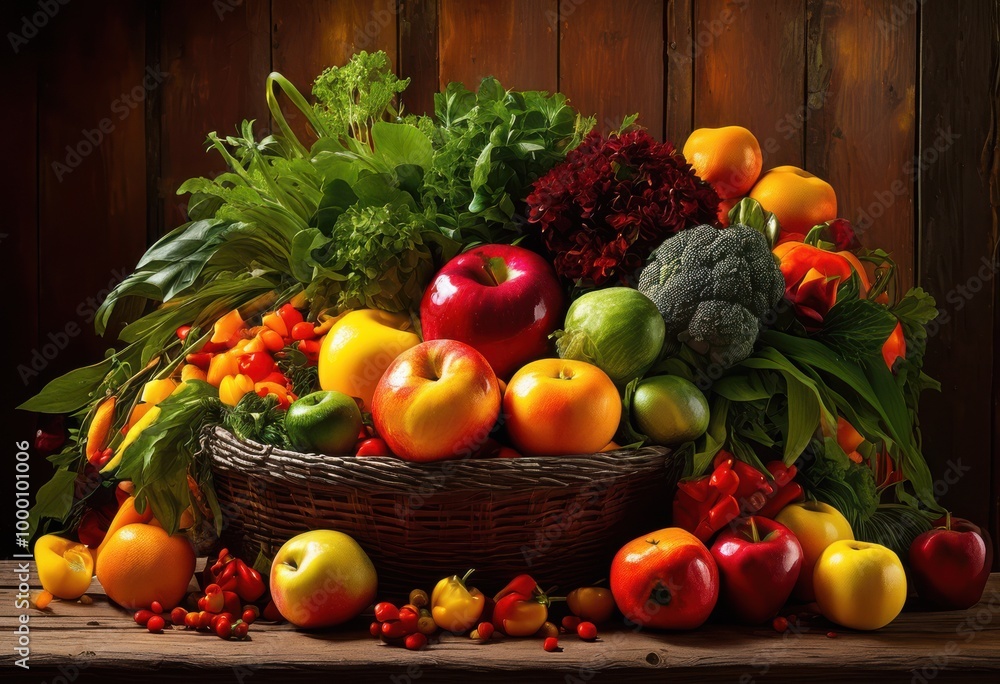 vibrantly colored arrangement fresh fruits vegetables rustic wooden table showcasing bounty best produce, colors, nature, organic, selection, variety vibrantly colored arrangement fresh fruits vegetables rustic wooden table showcasing bounty best produce, colors, nature, organic, selection, variety