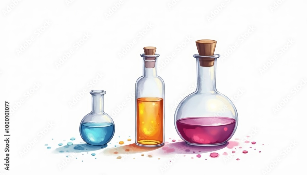 Colorful liquids in glass beakers Colorful liquids in glass beakers