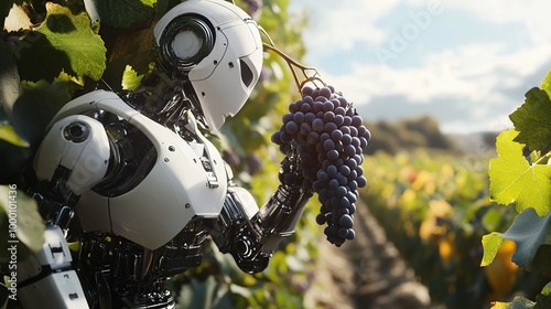 Photorealistic Robot Picking Grapes in a Vineyard