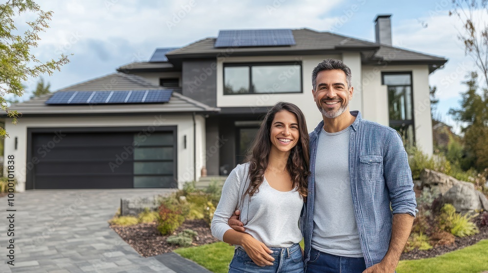 Naklejka premium A happy couple stands smiling in the driveway of a large house with solar panels installed. Generative AI