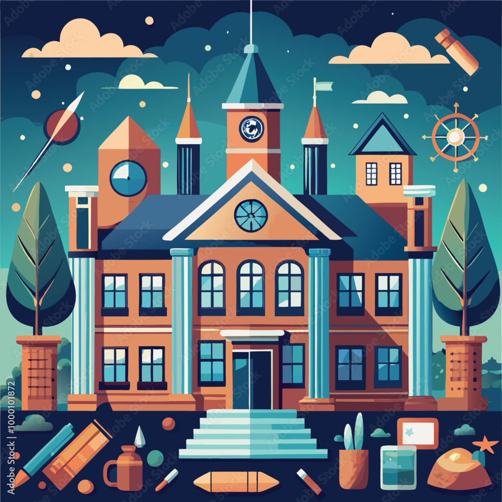 Obraz premium A cartoon vector of back to school illustration of an old European house on a hill, featuring classic architecture and a residential street view