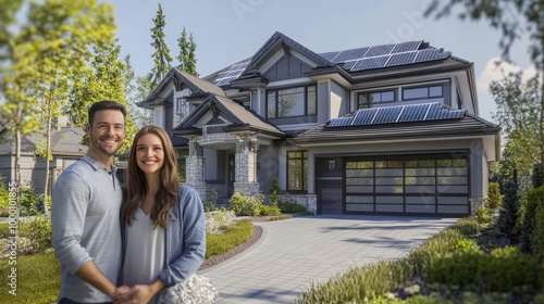 A happy couple stands smiling in the driveway of a large house with solar panels installed. Generative AI