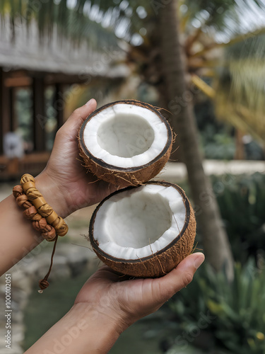 Escena tropical con las manos de una persona sosteniendo un coco cortado por la mitad
 photo