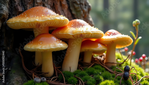 Luminous mushrooms with exploring ant in mystical forest setting