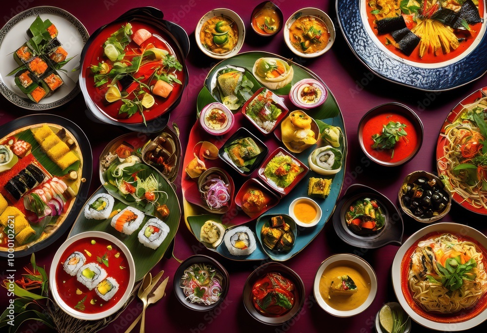 vibrant display colorful plates featuring variety delectable dishes from different cuisines presented artistic manner, appetizer, bowl, culinary, dining vibrant display colorful plates featuring variety delectable dishes from different cuisines presented artistic manner, appetizer, bowl, culinary, dining