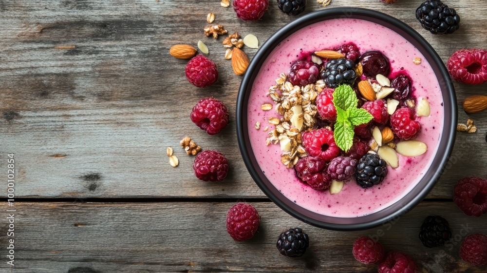 A smoothie bowl topped with fresh berries, nuts, and seeds, placed on a rustic wooden table. A smoothie bowl topped with fresh berries, nuts, and seeds, placed on a rustic wooden table.