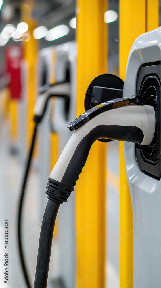 Electric vehicle charger plugged into a charging station, modern infrastructure. Electric vehicle charger plugged into a charging station, modern infrastructure.