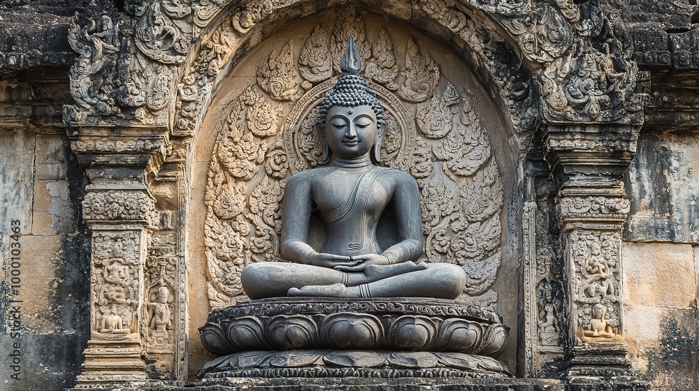 A detailed Buddha sculpture in an ancient temple, with intricate carvings and spiritual symbols surrounding it A detailed Buddha sculpture in an ancient temple, with intricate carvings and spiritual symbols surrounding it