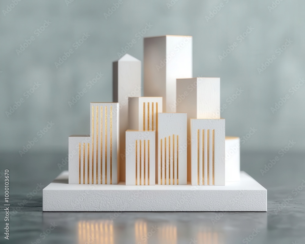 Futuristic building mass model with white geometric shapes, wooden textures, and gold highlights, innovative architecture Futuristic building mass model with white geometric shapes, wooden textures, and gold highlights, innovative architecture