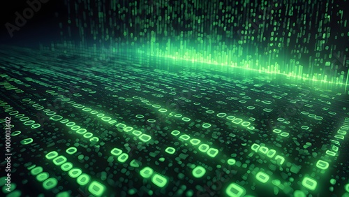 Abstract digital background with green binary code falling and glowing on a dark surface.