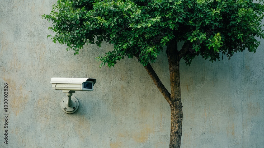 Modern security camera mounted on the wall of the building, surveillance camera monitors the entrance area mounted on the wall of the building Modern security camera mounted on the wall of the building, surveillance camera monitors the entrance area mounted on the wall of the building