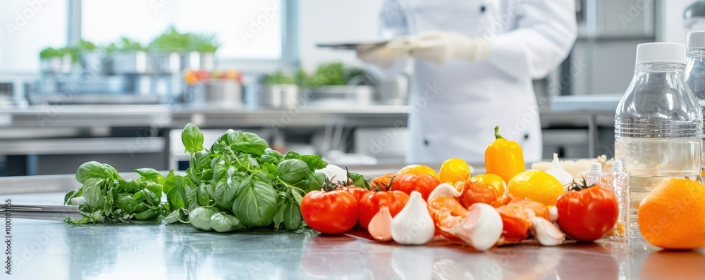 Fresh vegetables and fruits arranged on a kitchen counter for meal preparation. Fresh vegetables and fruits arranged on a kitchen counter for meal preparation.
