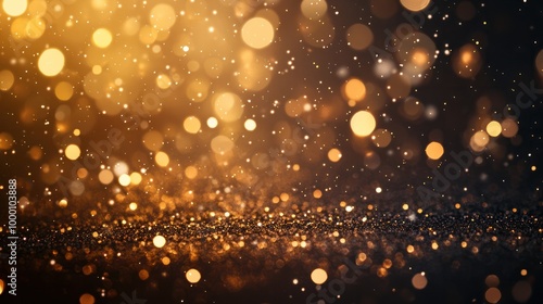 Abstract festive dark background with gold glitter and bokeh. New year, birthday, holidays celebration.