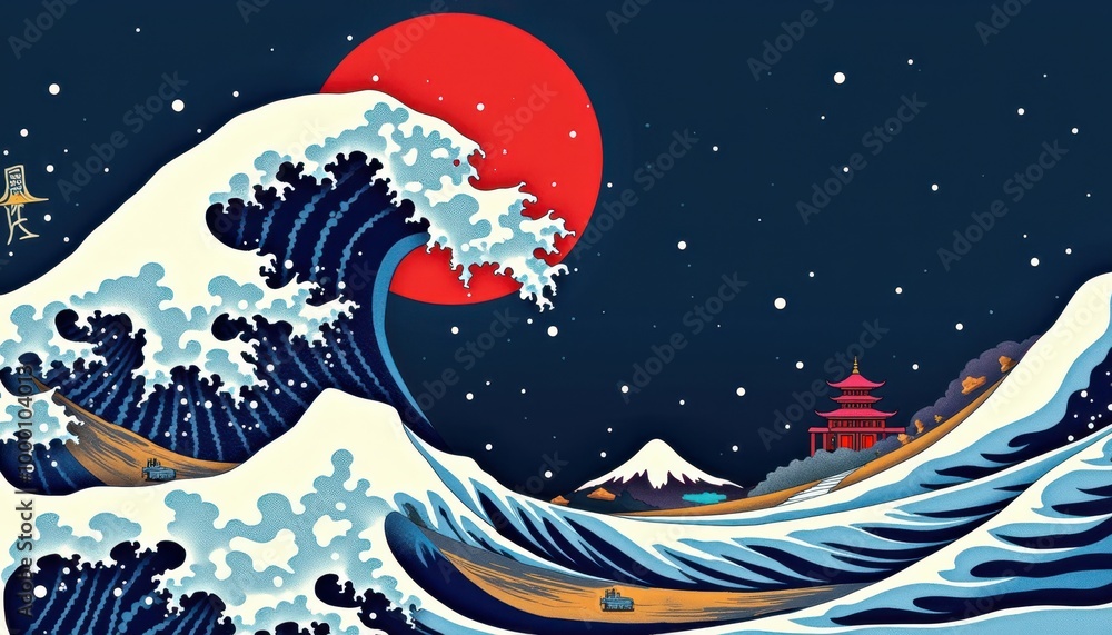 The image is a painting of a large wave crashing against a dark blue background. The image is a painting of a large wave crashing against a dark blue background.