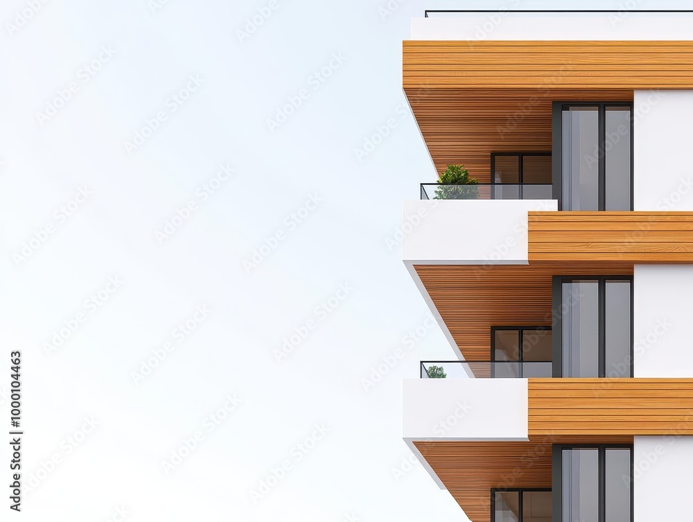 3D building model with layered wooden panels, gold frames, and white exteriors, contemporary urban design 3D building model with layered wooden panels, gold frames, and white exteriors, contemporary urban design