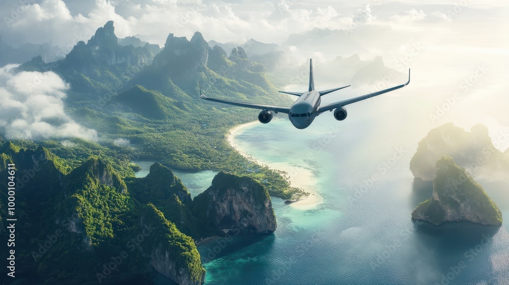 Fototapeta premium Airplane fly above beautiful nature landscape island, Tourism destination, Background for banner summer holiday vacation travel trip
