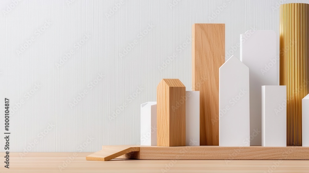Urban development model with white towers, wooden pedestrian bridge, and gold highlights, modern city planning Urban development model with white towers, wooden pedestrian bridge, and gold highlights, modern city planning