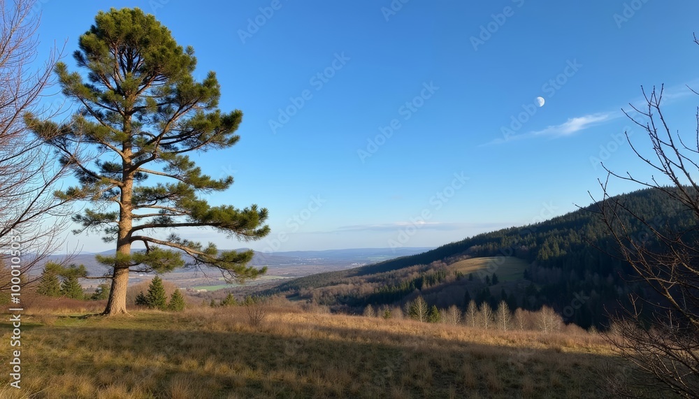 Peaceful mountain landscape with a full moon Peaceful mountain landscape with a full moon