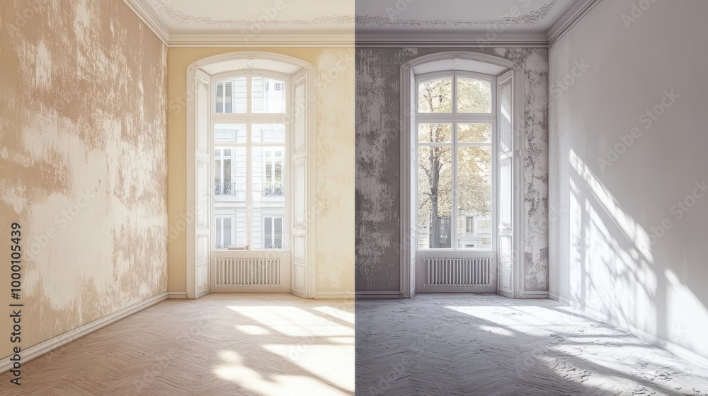 apartment before and after restoration or refurbishment, copy and text space, 16:9 apartment before and after restoration or refurbishment, copy and text space, 16:9