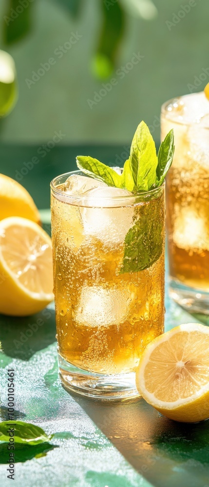 Fototapeta premium Refreshing drink with lemon and mint, perfect for summer days.