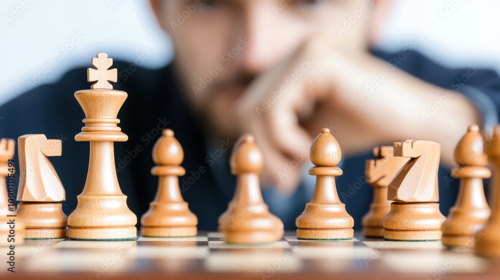 Close-up of a chessboard with wooden pieces, strategic gameplay in focus. Close-up of a chessboard with wooden pieces, strategic gameplay in focus.