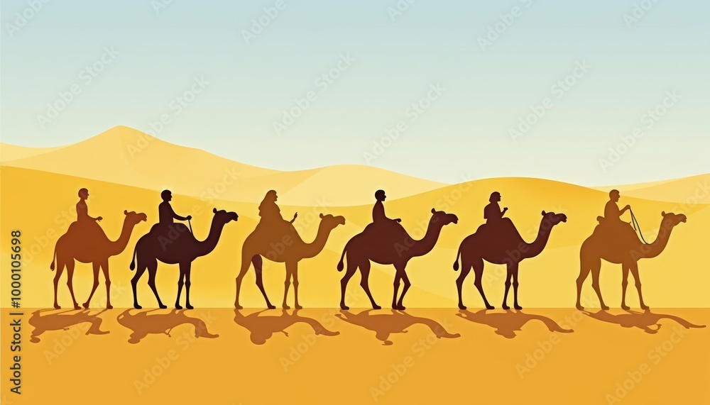 Camel caravan journeying through desert landscape Camel caravan journeying through desert landscape