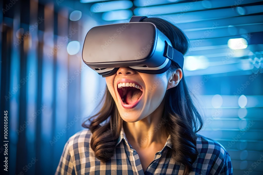 An Asian woman with VR headset using with a funny and excited expression An Asian woman with VR headset using with a funny and excited expression