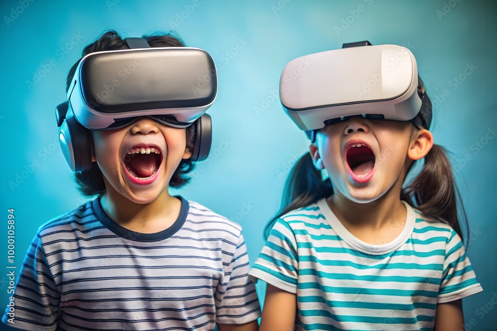 Boy and girl with VR headset using AI artificial intelligence technology and machine learning with a funny and excited expression Boy and girl with VR headset using AI artificial intelligence technology and machine learning with a funny and excited expression