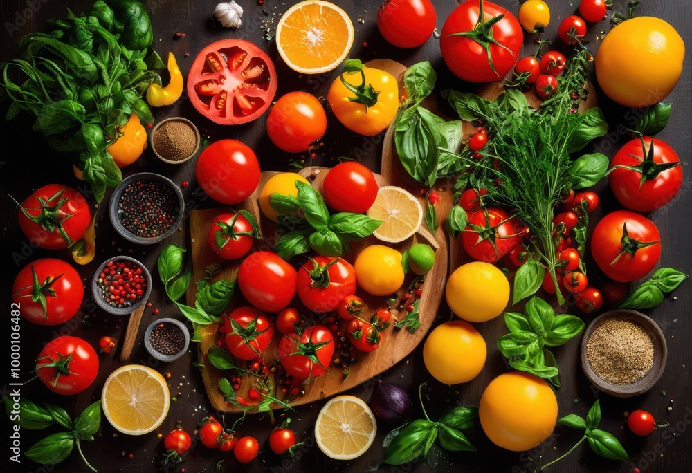 vibrant colorful ingredient flat lay showcasing delicious variety fresh flavors textures perfect culinary inspiration, arrangement, colors, composition vibrant colorful ingredient flat lay showcasing delicious variety fresh flavors textures perfect culinary inspiration, arrangement, colors, composition