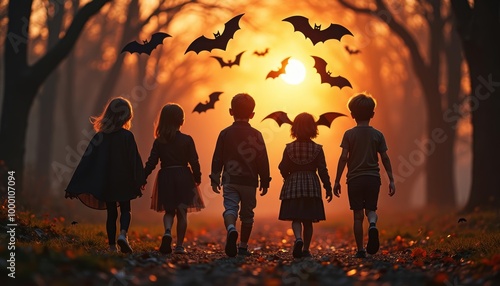  Friends on a spooky adventure under the batfilled sunset photo