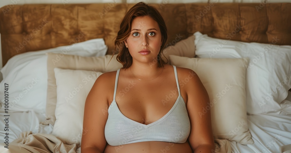 A contemplative woman sits on a bed, wearing a gray bralette, surrounded by soft pillows, conveying a moment of introspection. A contemplative woman sits on a bed, wearing a gray bralette, surrounded by soft pillows, conveying a moment of introspection.