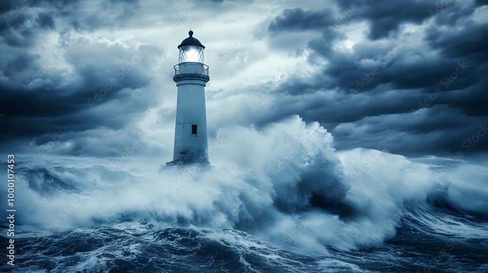 A dramatic lighthouse stands resilient amid towering waves and dark storm clouds, symbolizing strength and guidance during turbulent conditions. A dramatic lighthouse stands resilient amid towering waves and dark storm clouds, symbolizing strength and guidance during turbulent conditions.