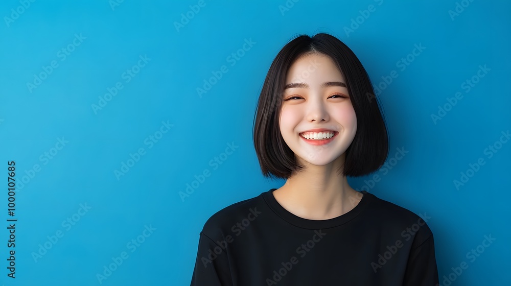 Fototapeta premium A smiling person with short hair stands against a vibrant blue background, radiating positivity and joy.
