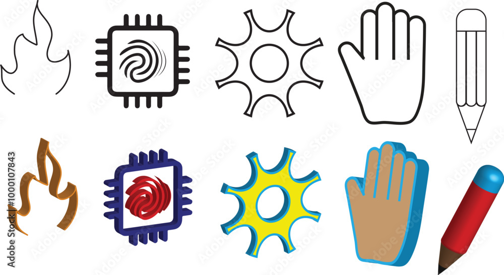 Five icons set include fire fingerprints chip setting hand and pencil to edit 3d and simple icons isolated on transparent white background Five icons set include fire fingerprints chip setting hand and pencil to edit 3d and simple icons isolated on transparent white background