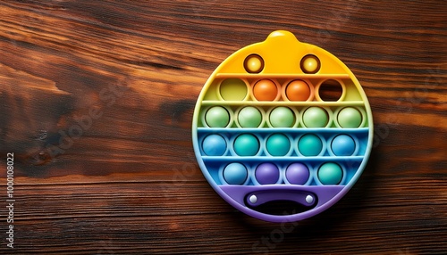 Colorful silicone teether on wooden background