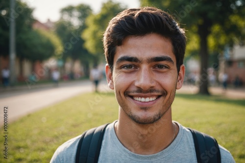 Close portrait of a smiling young Paraguayan man looking at the camera, Paraguayan outdoors blurred background photo