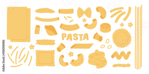 Italian pasta set. Different types macaroni. Hand drawn vector illustration.
