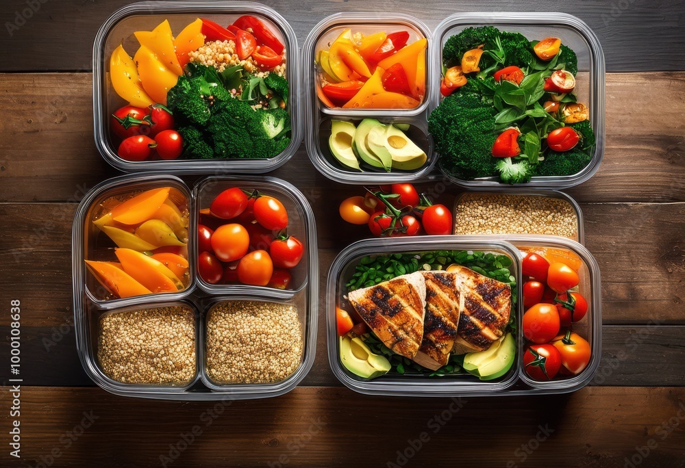 vibrant organized flat lay nutritious meal prep containers featuring colorful array fresh ingredients balanced portions, healthy, vegetables, grains, proteins vibrant organized flat lay nutritious meal prep containers featuring colorful array fresh ingredients balanced portions, healthy, vegetables, grains, proteins