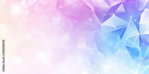 Abstract background with blue and purple triangles, white space in the center, geometric shapes of glass or crystal, light effect