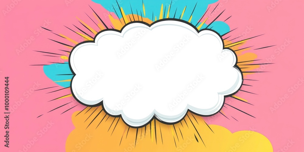 A blank white speech bubble with a pastel pink, yellow, and blue comic style background A blank white speech bubble with a pastel pink, yellow, and blue comic style background